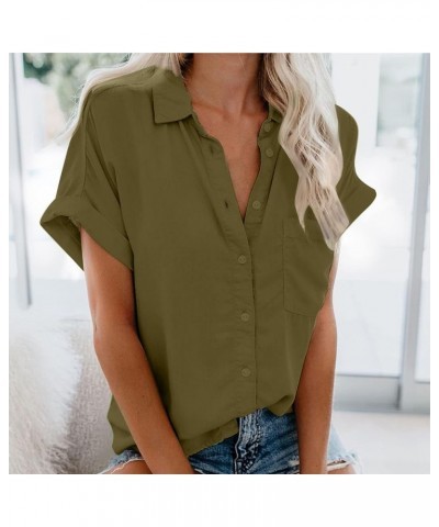 Womens Button Down Shirt 2023 Short Sleeve Blouse Collared V Neck Summer Tops Trendy Casual Ladies Work Clothing J012-brown $...