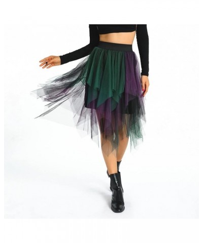 Women's Asymmetrical Tulle Midi Skirt Patchwork Color Mesh Elastic High Waist Layered A-Line Tutu Club Party Skirt Patchwork ...