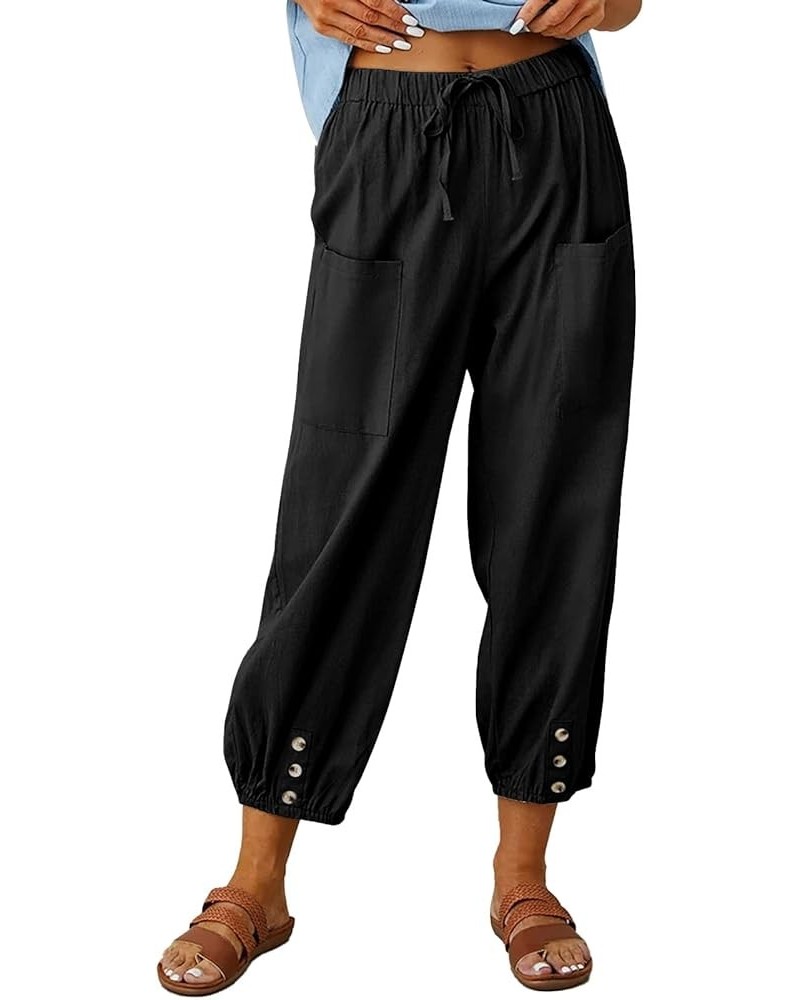 Womens Cotton Linen Pants High Waisted Wide Leg Drawstring Casual Loose Trousers with Pockets Black $12.69 Pants