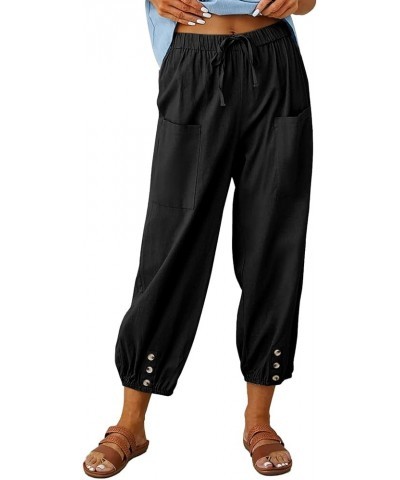 Womens Cotton Linen Pants High Waisted Wide Leg Drawstring Casual Loose Trousers with Pockets Black $12.69 Pants