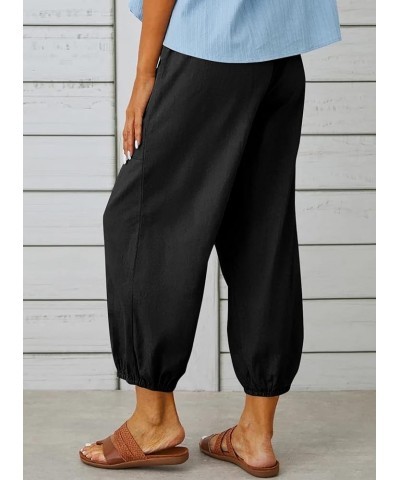 Womens Cotton Linen Pants High Waisted Wide Leg Drawstring Casual Loose Trousers with Pockets Black $12.69 Pants