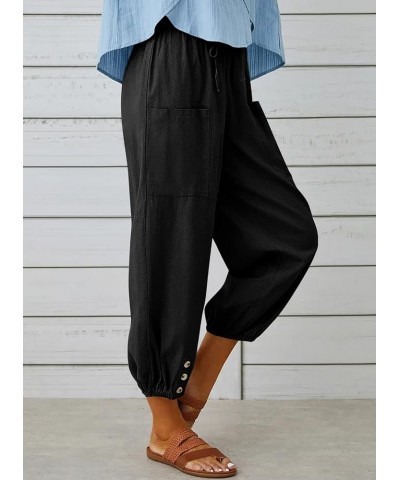 Womens Cotton Linen Pants High Waisted Wide Leg Drawstring Casual Loose Trousers with Pockets Black $12.69 Pants