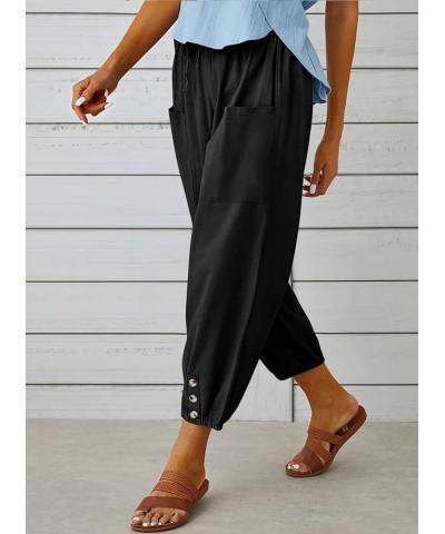 Womens Cotton Linen Pants High Waisted Wide Leg Drawstring Casual Loose Trousers with Pockets Black $12.69 Pants