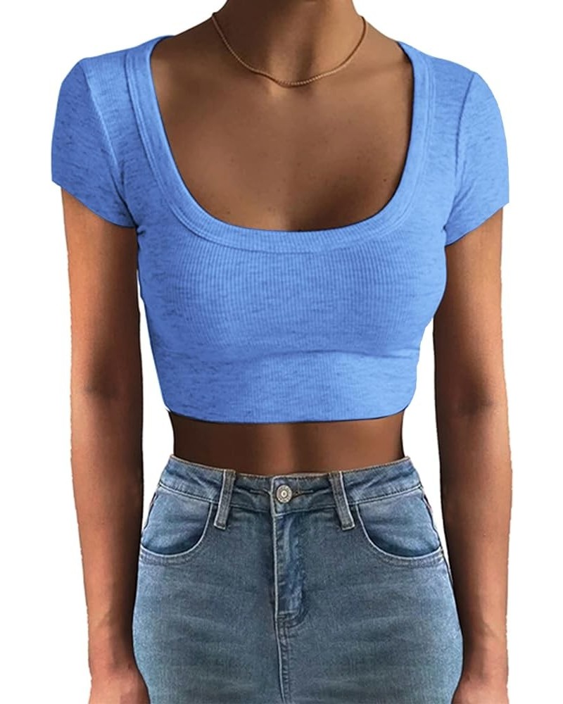 Women 's Short Sleeve Square Neck Ribbed Knit Cropped T Shirt Slim Fit Casual Basic Y2k Tops XS-XL 1 Light Blue $10.19 T-Shirts