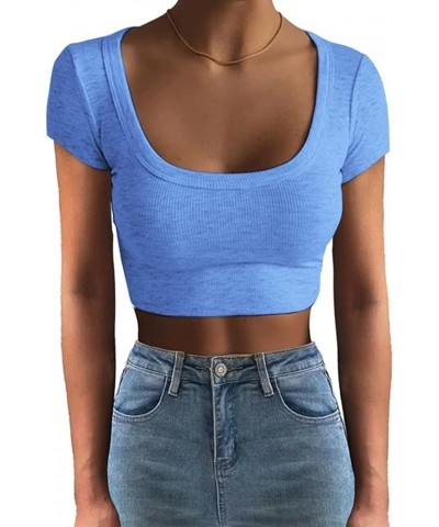 Women 's Short Sleeve Square Neck Ribbed Knit Cropped T Shirt Slim Fit Casual Basic Y2k Tops XS-XL 1 Light Blue $10.19 T-Shirts