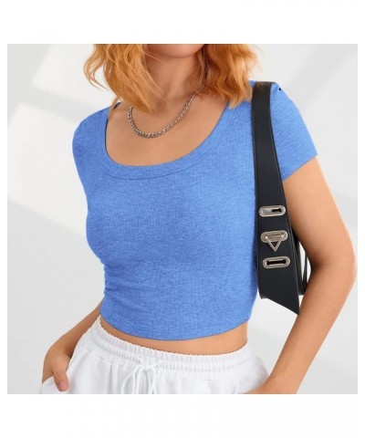 Women 's Short Sleeve Square Neck Ribbed Knit Cropped T Shirt Slim Fit Casual Basic Y2k Tops XS-XL 1 Light Blue $10.19 T-Shirts