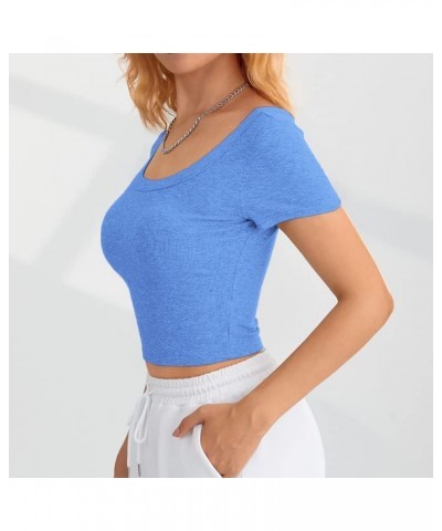 Women 's Short Sleeve Square Neck Ribbed Knit Cropped T Shirt Slim Fit Casual Basic Y2k Tops XS-XL 1 Light Blue $10.19 T-Shirts