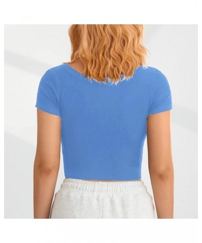 Women 's Short Sleeve Square Neck Ribbed Knit Cropped T Shirt Slim Fit Casual Basic Y2k Tops XS-XL 1 Light Blue $10.19 T-Shirts