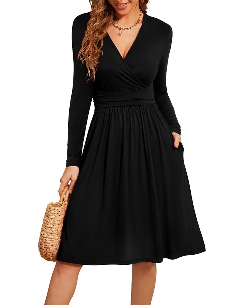 Womens Long Sleeve Deep V-Neck Formal Dress Pleated Waist Knee Length Dresses with Pockets Black $23.00 Dresses