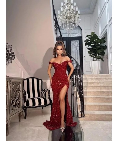 Mermaid Prom Dresses Long with Slit Sparkly Sequin Off Shoulder Formal Evening Ball Gowns for Women 2024 Black $36.00 Dresses