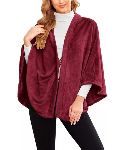 Flannel Faux Poncho for Women Lightweigh Blanket Warm TV Shawl Winter Coat Sweater Cape A- Wine Red $15.84 Coats