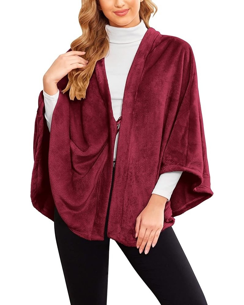 Flannel Faux Poncho for Women Lightweigh Blanket Warm TV Shawl Winter Coat Sweater Cape A- Wine Red $15.84 Coats