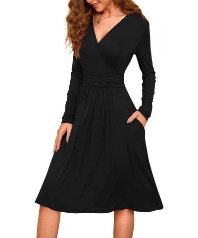 Womens Long Sleeve Deep V-Neck Formal Dress Pleated Waist Knee Length Dresses with Pockets Black $23.00 Dresses