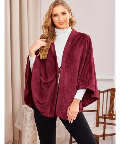 Flannel Faux Poncho for Women Lightweigh Blanket Warm TV Shawl Winter Coat Sweater Cape A- Wine Red $15.84 Coats