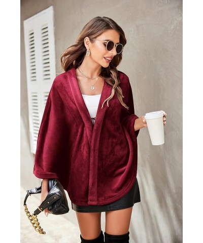 Flannel Faux Poncho for Women Lightweigh Blanket Warm TV Shawl Winter Coat Sweater Cape A- Wine Red $15.84 Coats