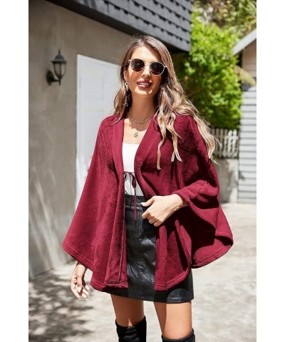 Flannel Faux Poncho for Women Lightweigh Blanket Warm TV Shawl Winter Coat Sweater Cape A- Wine Red $15.84 Coats