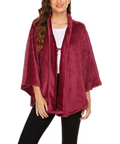 Flannel Faux Poncho for Women Lightweigh Blanket Warm TV Shawl Winter Coat Sweater Cape A- Wine Red $15.84 Coats