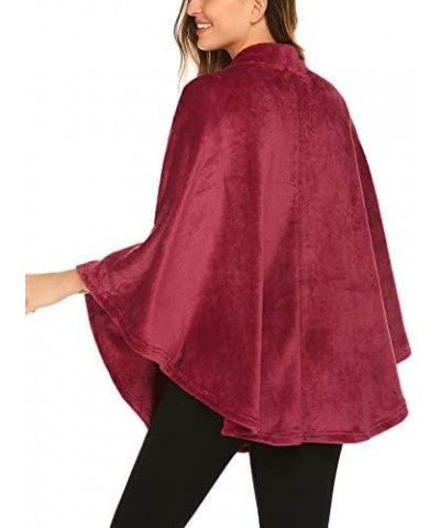 Flannel Faux Poncho for Women Lightweigh Blanket Warm TV Shawl Winter Coat Sweater Cape A- Wine Red $15.84 Coats