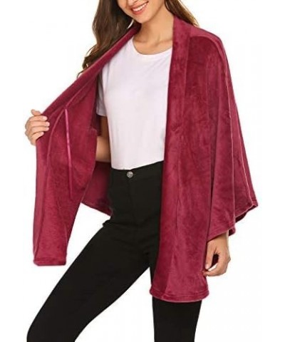 Flannel Faux Poncho for Women Lightweigh Blanket Warm TV Shawl Winter Coat Sweater Cape A- Wine Red $15.84 Coats