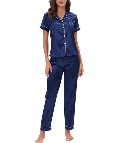 RMXEi Women's Casual Homewear Lapel Solid Color Long Sleeve Pants Pajama Set Blue $15.56 Sleep & Lounge