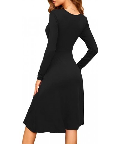 Womens Long Sleeve Deep V-Neck Formal Dress Pleated Waist Knee Length Dresses with Pockets Black $23.00 Dresses