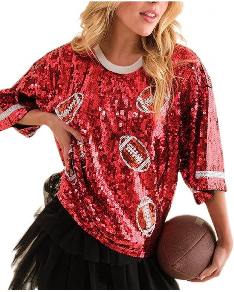 Women Sequin Football Top Oversized Rugby Print Sparkly Shirt Short Sleeve Glitter Tee Tops Game Day Tshirts Cute Red $12.44 ...