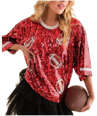 Women Sequin Football Top Oversized Rugby Print Sparkly Shirt Short Sleeve Glitter Tee Tops Game Day Tshirts Cute Red $12.44 ...