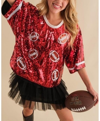 Women Sequin Football Top Oversized Rugby Print Sparkly Shirt Short Sleeve Glitter Tee Tops Game Day Tshirts Cute Red $12.44 ...