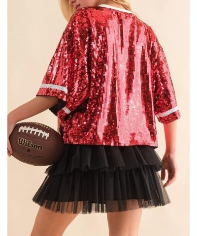 Women Sequin Football Top Oversized Rugby Print Sparkly Shirt Short Sleeve Glitter Tee Tops Game Day Tshirts Cute Red $12.44 ...