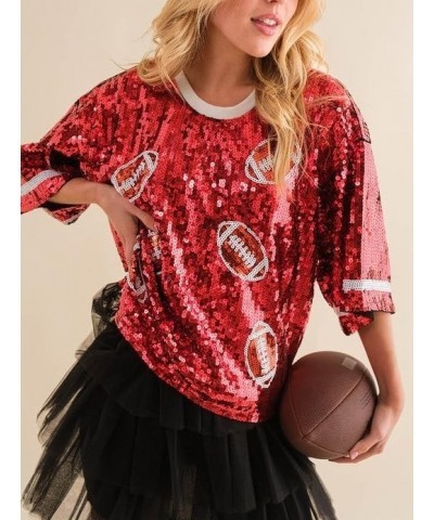 Women Sequin Football Top Oversized Rugby Print Sparkly Shirt Short Sleeve Glitter Tee Tops Game Day Tshirts Cute Red $12.44 ...