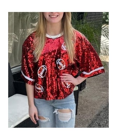 Women Sequin Football Top Oversized Rugby Print Sparkly Shirt Short Sleeve Glitter Tee Tops Game Day Tshirts Cute Red $12.44 ...