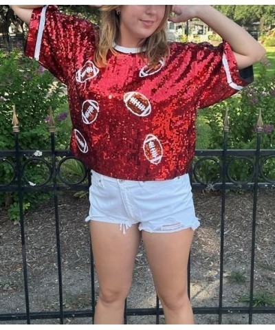 Women Sequin Football Top Oversized Rugby Print Sparkly Shirt Short Sleeve Glitter Tee Tops Game Day Tshirts Cute Red $12.44 ...