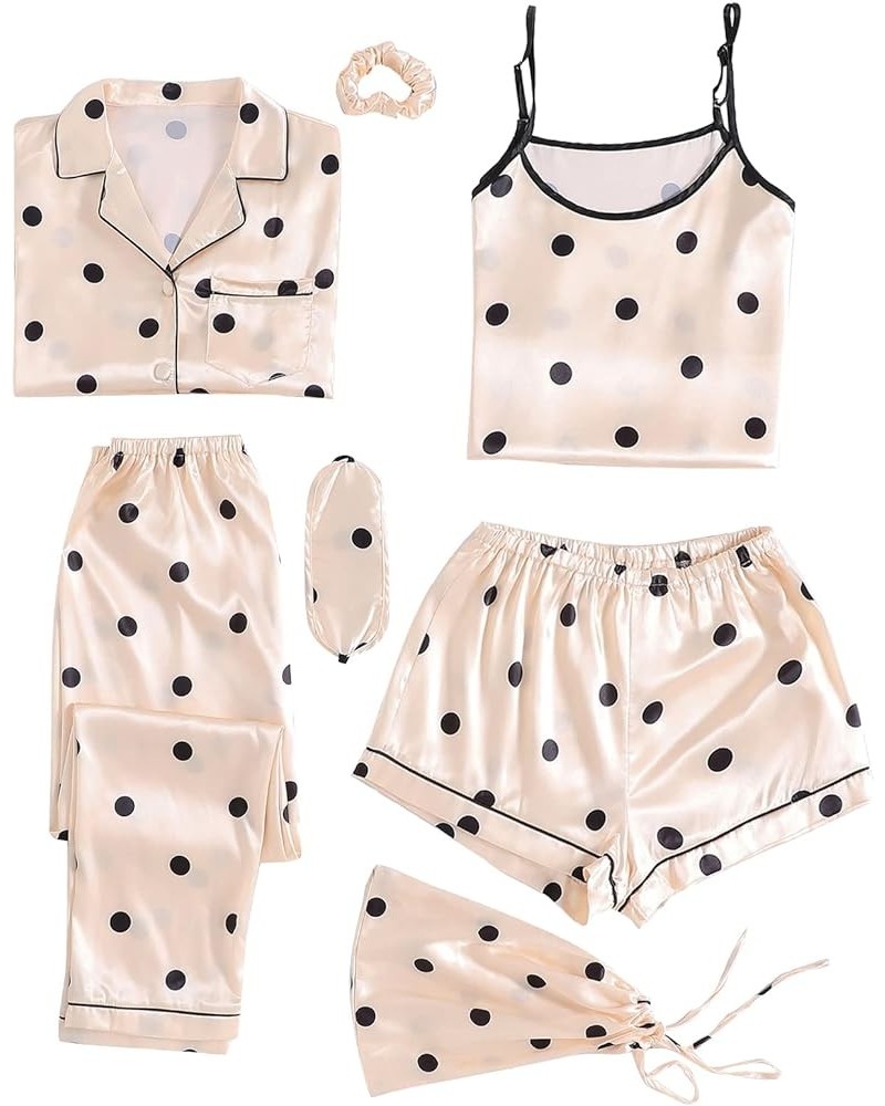 Women's Pajamas Set 7pcs Silk Satin Sleepwear Loungewear Cami Shirt Pj Set Polka Dots Beige $23.00 Sleep & Lounge