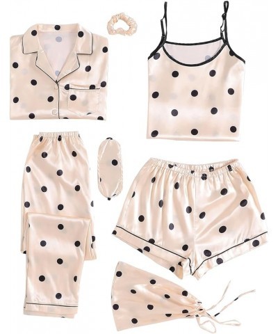 Women's Pajamas Set 7pcs Silk Satin Sleepwear Loungewear Cami Shirt Pj Set Polka Dots Beige $23.00 Sleep & Lounge