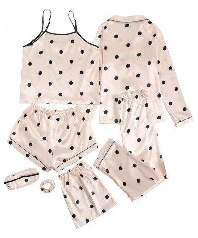 Women's Pajamas Set 7pcs Silk Satin Sleepwear Loungewear Cami Shirt Pj Set Polka Dots Beige $23.00 Sleep & Lounge