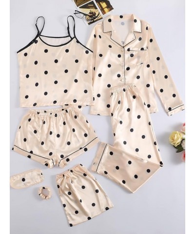 Women's Pajamas Set 7pcs Silk Satin Sleepwear Loungewear Cami Shirt Pj Set Polka Dots Beige $23.00 Sleep & Lounge