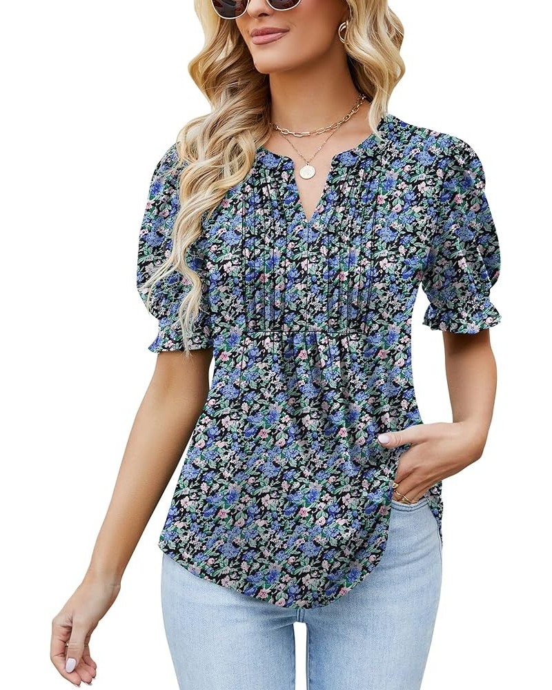 Women's Summer Puff Short/Long Sleeve Tops V Neck Pleated Shirts Floral Tunic Blouses Dressy Casual S-XXL A-black Floral $18....