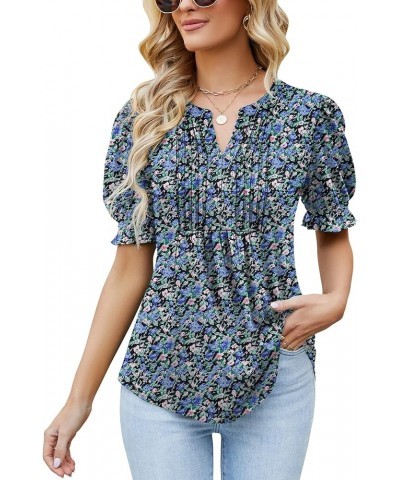 Women's Summer Puff Short/Long Sleeve Tops V Neck Pleated Shirts Floral Tunic Blouses Dressy Casual S-XXL A-black Floral $18....