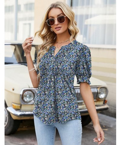 Women's Summer Puff Short/Long Sleeve Tops V Neck Pleated Shirts Floral Tunic Blouses Dressy Casual S-XXL A-black Floral $18....