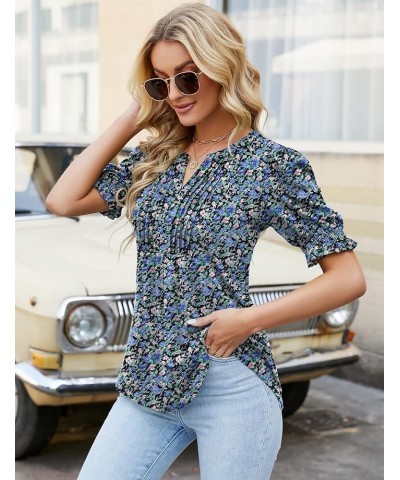 Women's Summer Puff Short/Long Sleeve Tops V Neck Pleated Shirts Floral Tunic Blouses Dressy Casual S-XXL A-black Floral $18....