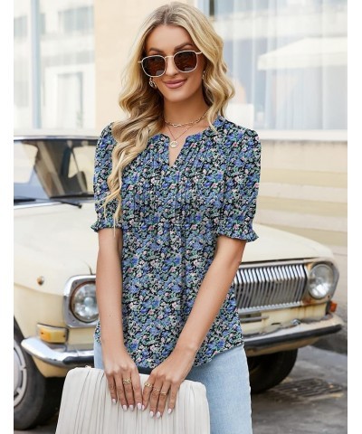 Women's Summer Puff Short/Long Sleeve Tops V Neck Pleated Shirts Floral Tunic Blouses Dressy Casual S-XXL A-black Floral $18....