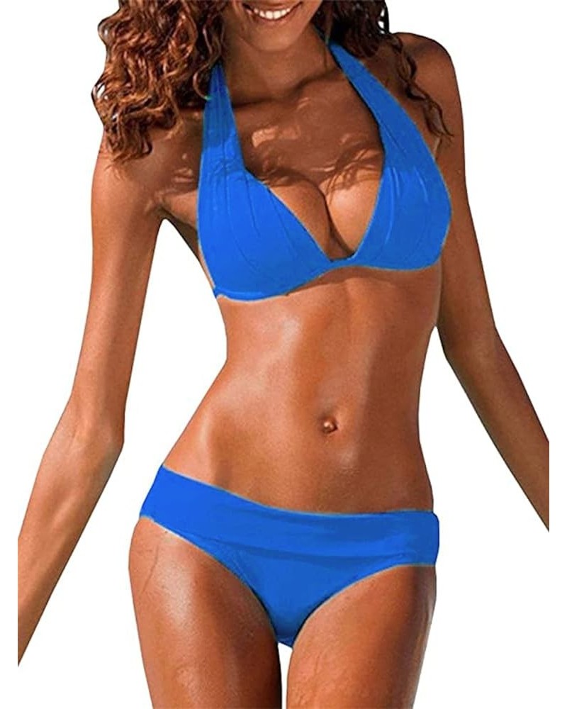 Womens Halter Padded Top Push Up Bikini Set Two Piece Swimsuits Bathing Suits Beachwear Blue $19.03 Swimsuits