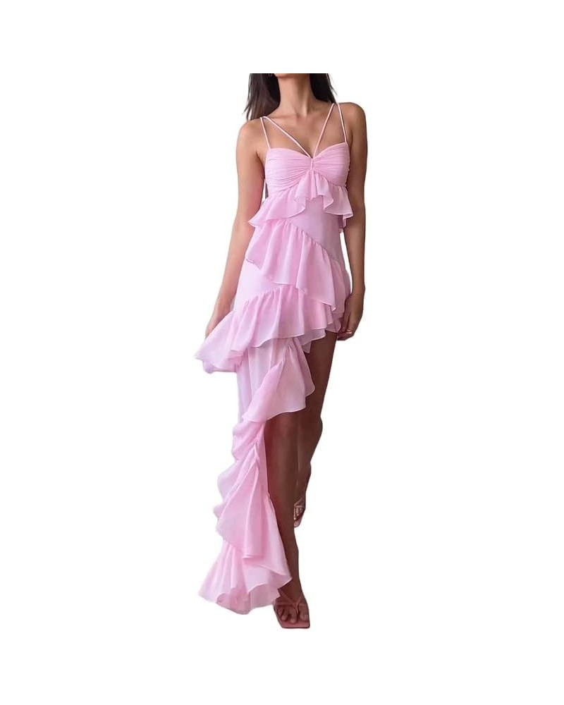 Women Sexy Ruffle Trim Midi Dress Y2k Irregular Hem Tassels Frill Maxi Dresses Slim Fit Night Party Club Dress B8- Pink $11.1...