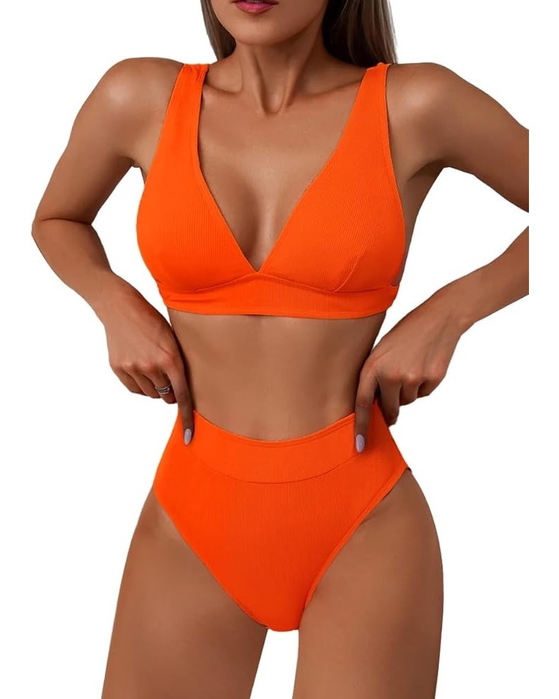 Sexy V Neck High Waisted Tummy Control Bikini Ribbed Brazilian 2 Piece Swimsuit Set V Neck Orange $15.40 Swimsuits