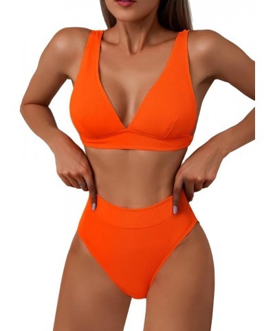 Sexy V Neck High Waisted Tummy Control Bikini Ribbed Brazilian 2 Piece Swimsuit Set V Neck Orange $15.40 Swimsuits