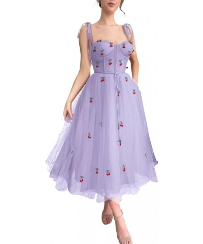 Women's Spaghetti Straps Tulle Prom Dress Cherry Tea Length Formal Evening Party Gowns Lilac $39.74 Dresses