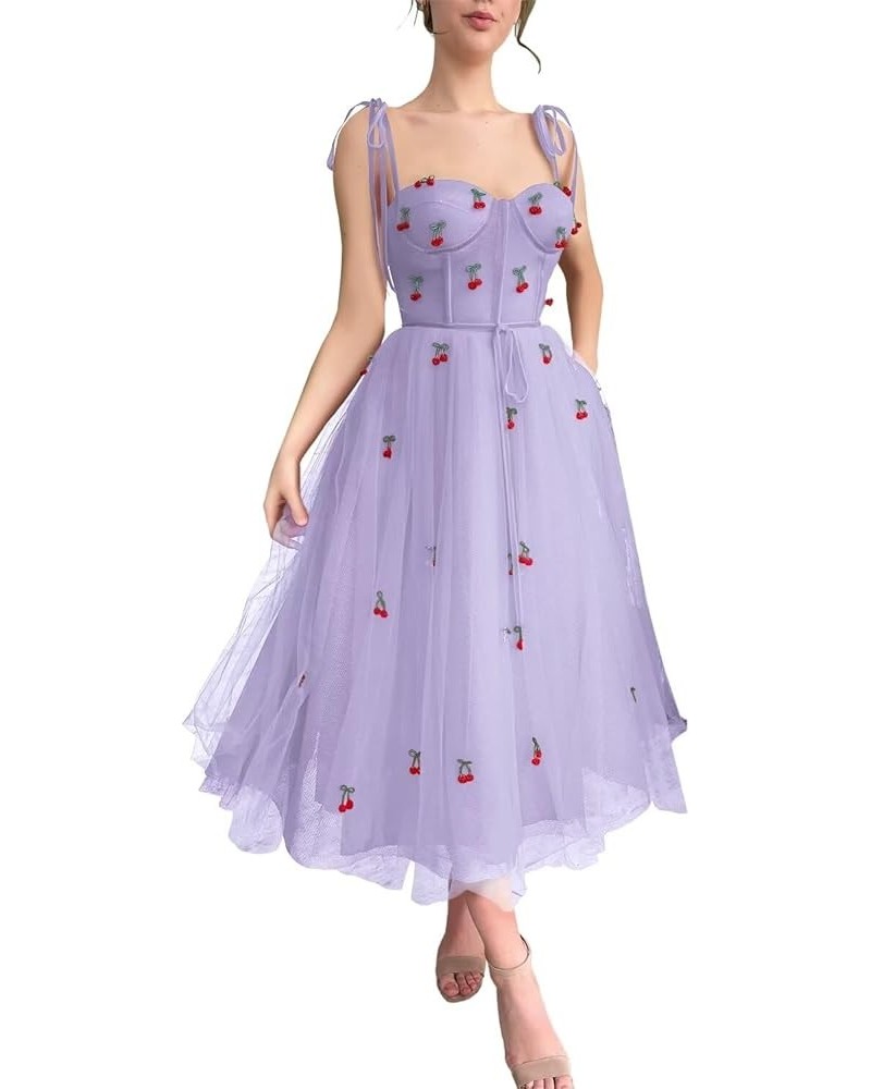 Women's Spaghetti Straps Tulle Prom Dress Cherry Tea Length Formal Evening Party Gowns Lilac $39.74 Dresses