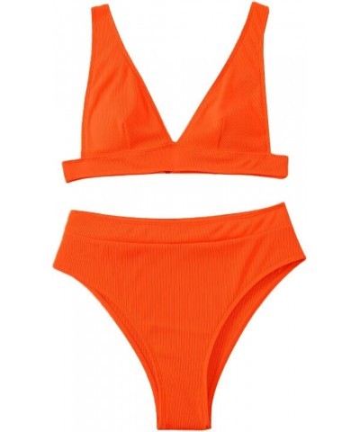 Sexy V Neck High Waisted Tummy Control Bikini Ribbed Brazilian 2 Piece Swimsuit Set V Neck Orange $15.40 Swimsuits