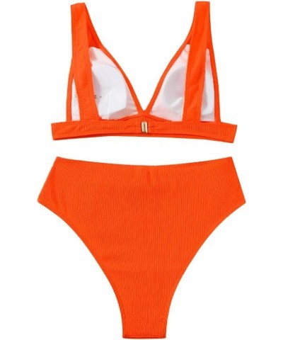 Sexy V Neck High Waisted Tummy Control Bikini Ribbed Brazilian 2 Piece Swimsuit Set V Neck Orange $15.40 Swimsuits