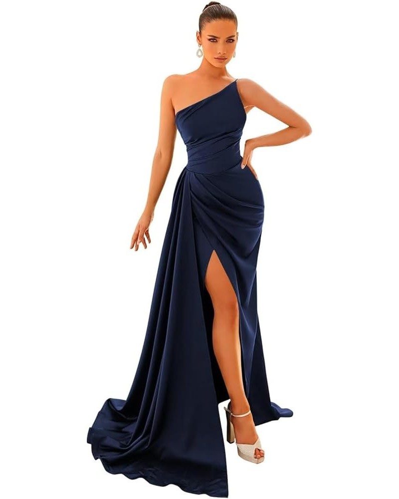 One Shoulder Satin Prom Dresses for Teens Long Mermaid Bridesmaid Dresses Pleated Formal Evening Gowns with Slit MR57 Navy $2...